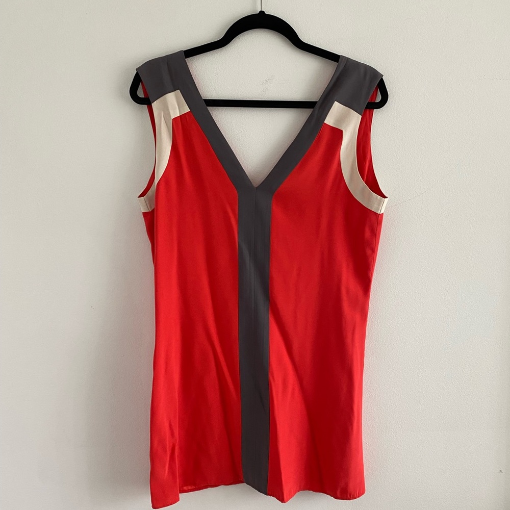 Elegant Red and Gray V-Neck Dress